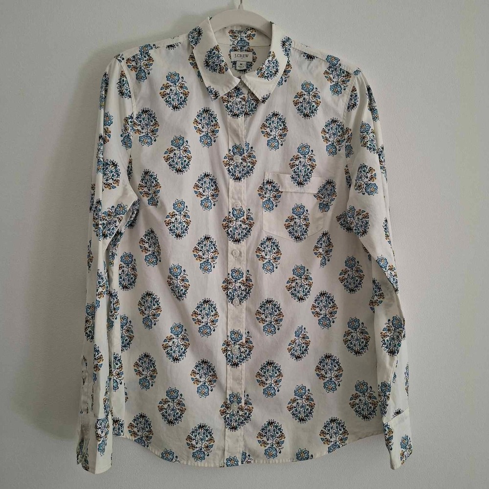 J.Crew Womens Blue Yellow Floral Block Print Button Down Shirt Medium Cotton